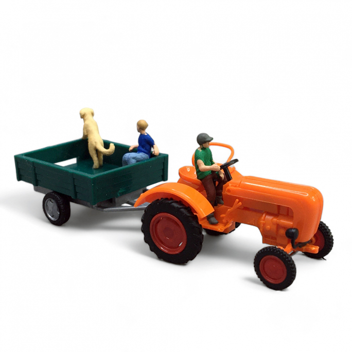 Tracteur Allgaier A 111 L + remorque, orange et vert - BUSCH 50052 - HO 1/87