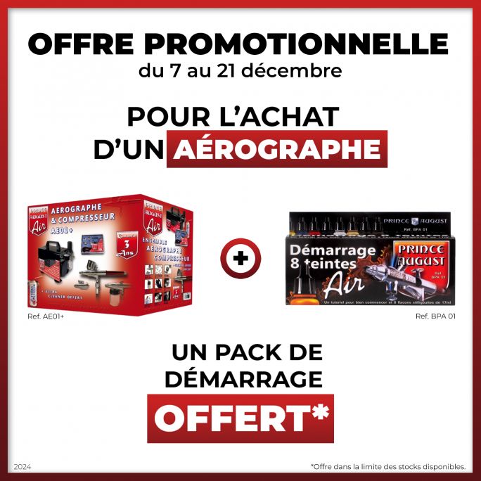 Offre Promotionnelle - Coffret complet aérographe et compresseur - Prince August AE01+ + Démarrage 8 teintes BPA01